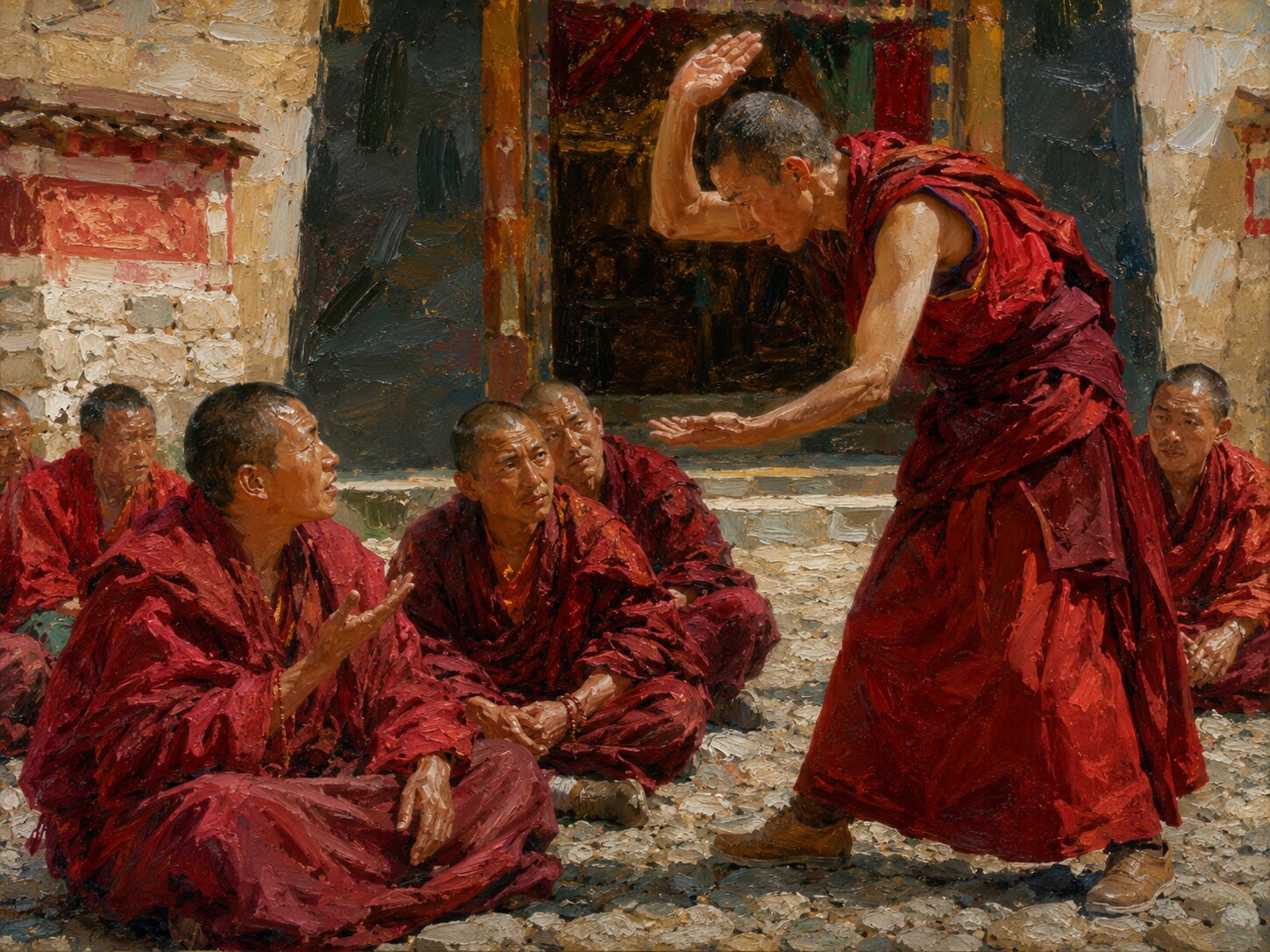 Tibetan monks in monastery courtyard debate